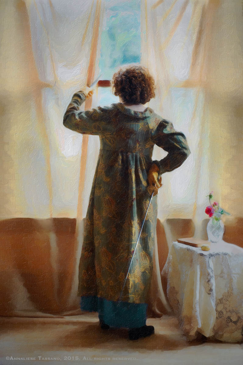Author Madeleine Robins as Sarah Tolerance: a curly red haired woman in regency attire and gloves stands at a window holding a sword and a dagger while peering out the curtains.