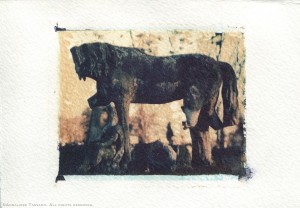 A broekn gravestone still recognizable as a horse, Kensall Green Cemetery, London, England. Polaroid transfer.