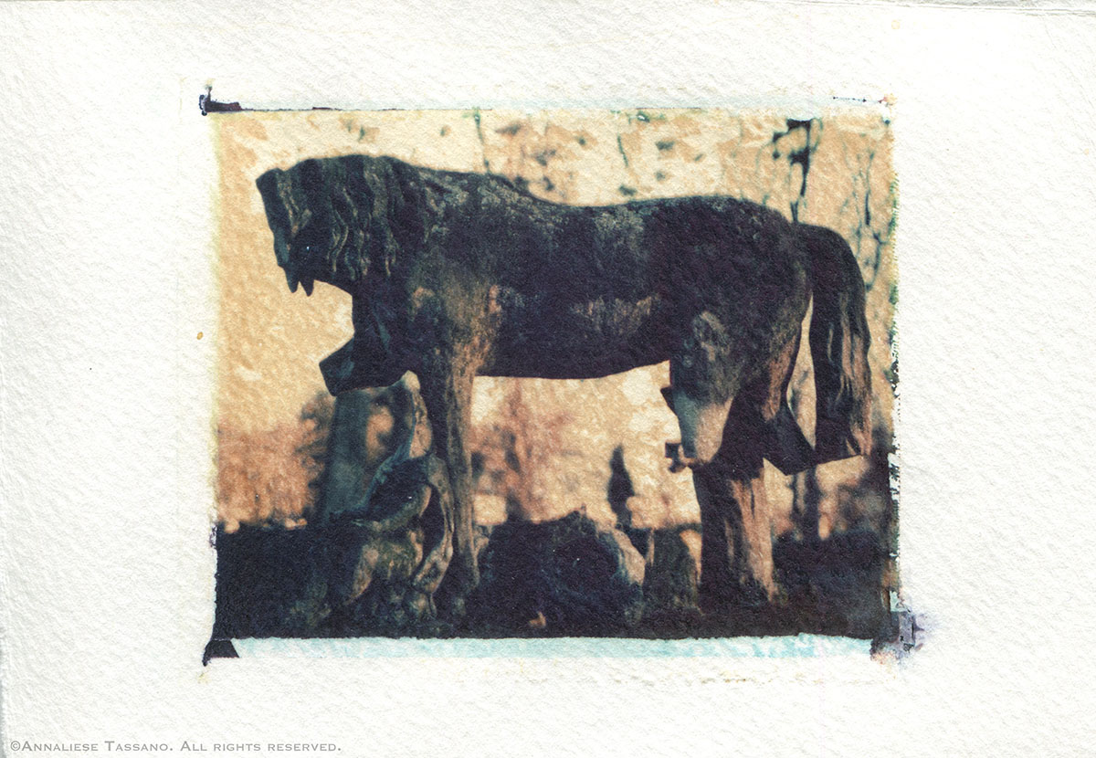 A broekn gravestone still recognizable as a horse, Kensall Green Cemetery, London, England. Polaroid transfer.