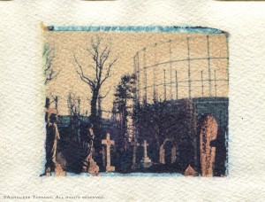 A polaroid transfer of the juxtaposition of victorian graves and the industrial tanks behind Kensall Green Cemetery, London, England.