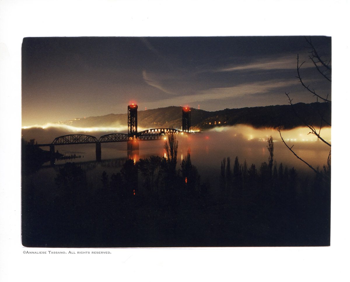 The St. Johns train bridge crossing the Willamette River in Portland, Oregon, red lights glowing and the west hills visible on the other side is seen on a foggy night.