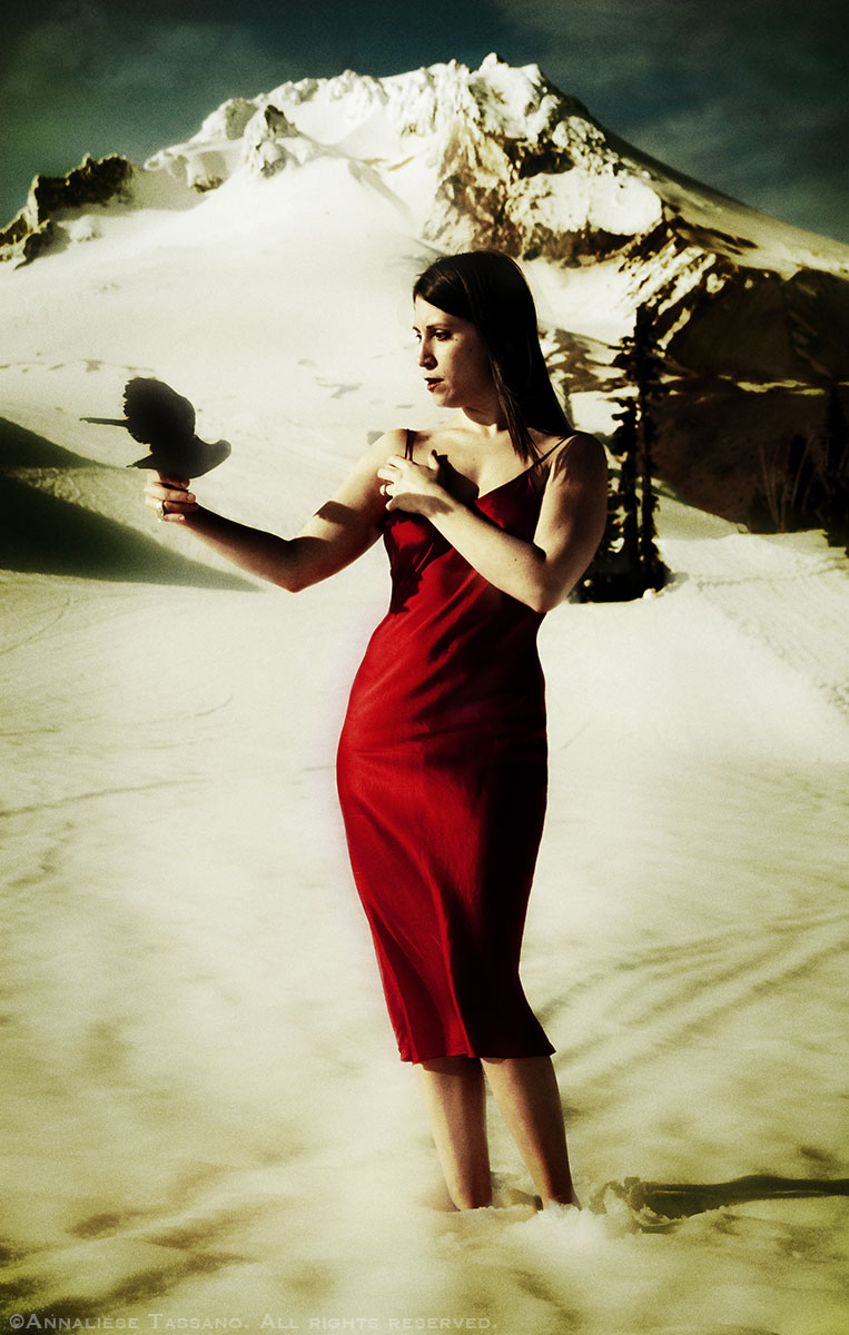 A white woman with dark hair wearing a red silk dress and holding a crow stands in the snow on a mountain.