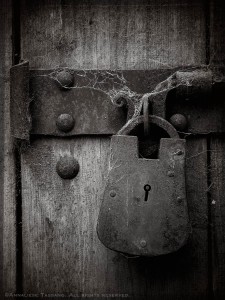 Covered in cobwebs, a sturdy, rustic lock does the job of securing a storeroom's heavy, rough wooden door.